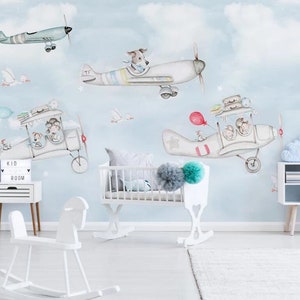 3D-vliegtuigenbehang, dierenmuurschildering, cartoonmuurdecor, kunst aan de muur voor kinderen, Peel and Stick, verwisselbaar behang, muursticker