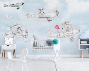 3D Aircraft Wallpaper, Animal Wall Mural, Cartoon Wall Decor, Kids Wall Art, Peel and Stick, Removable Wallpaper, Wall Sticker