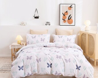 3D Butterfly Duvet Covers Set, Leaves Quilt Cover, Pattern Bedding Set, Plant Doona Cover, Simple Twin Bedding, White Bedding Set