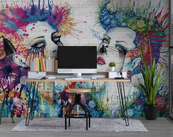 Woman Graffiti Mural – 3D Brick Wall Peel and Stick Wallpaper