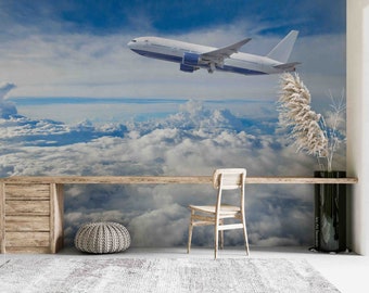 3D Sky Airplane Cloud Landscape Wallpaper Removable Wallpaper-Peel and stick Wall Mural,Playroom Wallpaper Wall deco,r