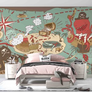 Cartoon Octopus  Compass Sea Box 3D Peel and Stick, Removable Wallpaper, Wall Mural, Self-adhesive Wallpaper, Wall Decals, Wallpaper Mural