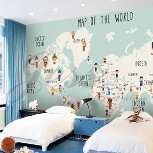 3D-Weltkarten-Tapete, Cartoon-Menschen-Wandbild, Land-Ozean-Wanddekoration, Kinder-Wandkunst, abziehen und aufkleben, abnehmbare Tapete, Wandaufkleber