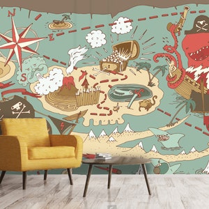 3D-Piratenkarten-Tapete, Insel-Wandbild, Schatz-Wanddekoration, handgemalte Wandkunst, abziehen und aufkleben, abnehmbare Tapete, Wandaufkleber