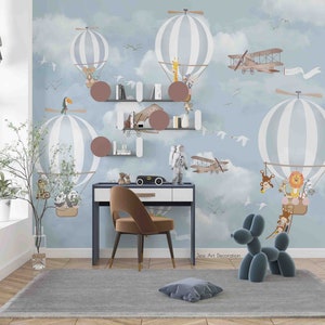 3D Cartoon Hot Air Balloon Airplane Animal Lion Panda Wallpaper Removable Wallpaper-Peel and stick Wall Mural,Playroom Wallpaper Wall deco,r