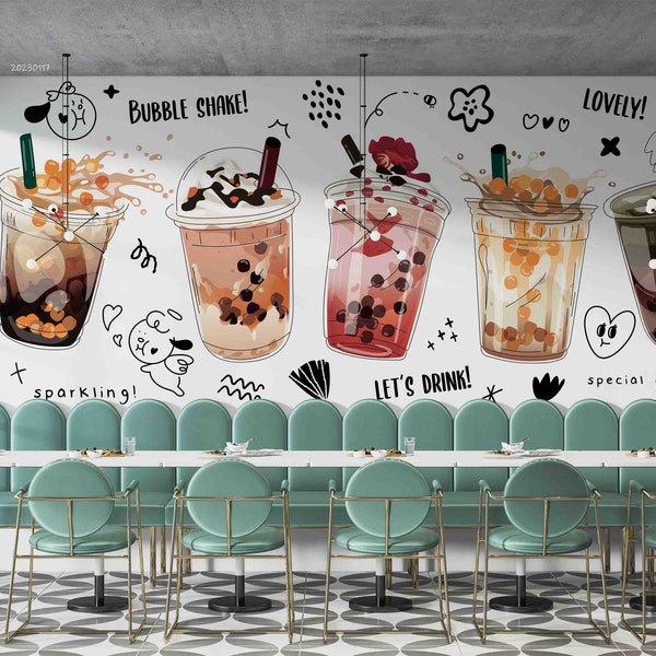 3D Cartoon, Fruit Tea, Bubble Tea, Milk Tea Shop, Pearl Tea, Wall Art, Peel and Stick, Removable Wallpaper, Wall Sticker 21