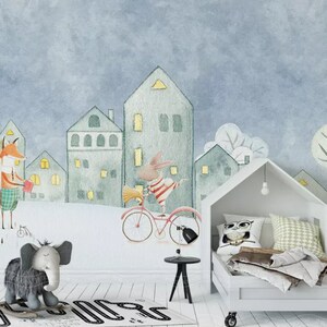3D Fox Wallpaper, Sneeuwmuurschildering, Happy Town Wall Decor, Cartoon Wall Art, Peel and Stick, Verwisselbaar behang, Muursticker