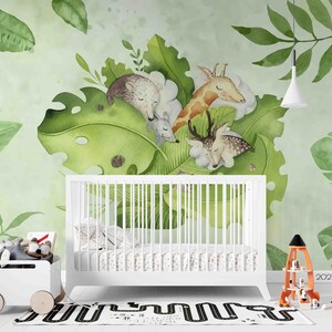 Mural de pared de dibujos animados: papel tapiz infantil de acuarela con animales durmiendo en hojas 3D, autoadhesivo, ideal para sala de estar, dormitorio y oficina.