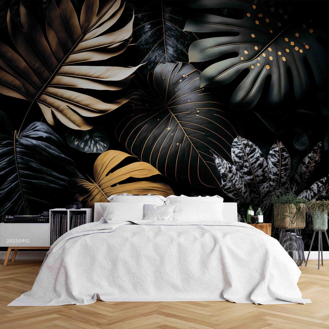 Tropical Leaf Wall Mural – Gold & Black Plant Wallpaper, Peel and Stick ...