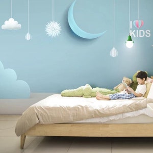 3D Moon Wallpaper, Cloud Wall Mural, Cartoon Wall Decor, Kids Wall Art, Peel and Stick, verwisselbaar behang, muursticker