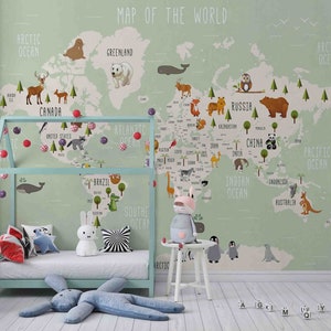 3D Kids Animal World Map Wallpaper-Kinderkamer Wallpaper Verwijderbare Wallpaper-Peel en stick Muurschildering, Speelkamer Wallpaper Muurdecor 1