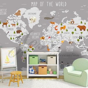 3D-Weltkarten-Tapete, Tier-Wandbild, Cartoon-Wanddekoration, Kinderzimmer-Wandkunst, abziehen und aufkleben, abnehmbare Tapete, Wandaufkleber