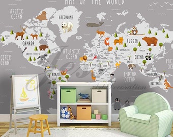 3D World Map Wallpaper, Animal Wall Mural, Cartoon Wall Decor, Kids Room Wall Art, Peel and Stick, Removable Wallpaper, Wall sticker
