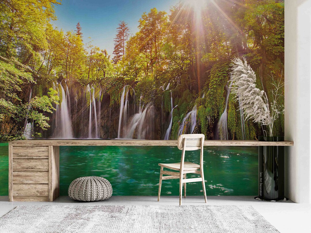 Mountain Waterfall Lake Wallpaper Mural, Peel and Stick Removable Wall ...