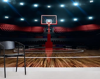 3D Basketball Court  Wallpaper, Backboard Wall Mural, Basket Wall Decor, Wooden Floor Wall Art, Peel and Stick, Removable Wallpaper