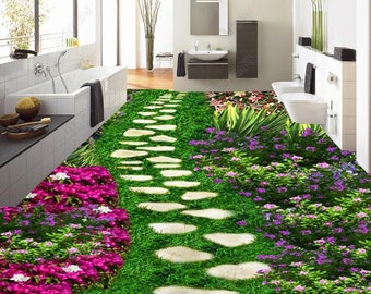 Mural de vinilo autoadhesivo para suelo con diseño de camino de piedra y flores en 3D con césped
