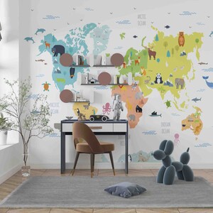 3D-Cartoon-Weltkarte, Tierfarben, Kinder-Tapete, abnehmbare Tapete, abziehen und aufkleben, Wandgemälde für Spielzimmer, Wanddeko, r