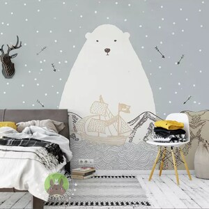 3D witte beer behang, cartoon muur muurschildering, zeilen muur decor, kunst aan de muur kinderen, Peel en Stick, verwisselbaar behang, muur sticker