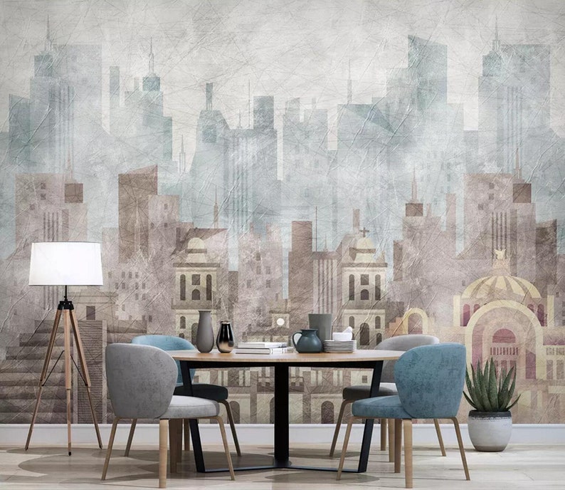 Wall Mural,Vintage art,Peel and Stick 3D Foggy Building city Wallpaper Removable Self Adhesive Wallpaper Watercolor