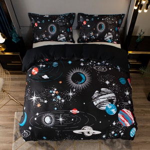 3D 宇宙布団カバーセット、惑星キルトカバー、ギャラクシー寝具セット、ブラック ドゥーナカバー、漫画ツイン寝具、子供用寝具セット、枕カバー
