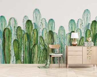 3D Cactus Wallpaper, Green Wall Mural, Watercolor Wall Decor, Tropical Plants Wall Art, Peel and Stick, Removable Wallpaper, Wall Sticker