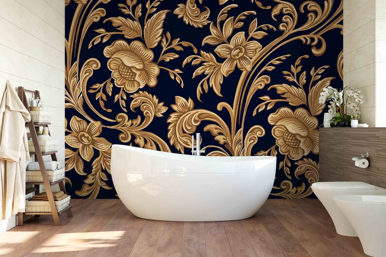 3D Floral Wallpaper Gold Wall Mural Black Background Wall Etsy Australia