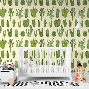 Carta da parati murale con motivo vegetale - Carta da parati 3D con cactus verde disegnato a mano, carta da parati staccabile e adesiva, arte murale per soggiorno, camera da letto, ufficio