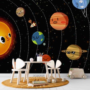 宇宙の壁画 – 3D宇宙惑星ロケット漫画子供用壁紙、剥がして貼る壁紙、リビングルーム、寝室、オフィス用のウォールアート