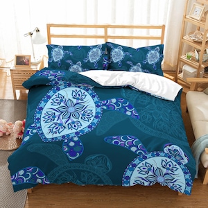 3D Abstract Duvet Covers Set, Turtle Quilt Cover, Floral  Bedding Set, Cartoon Doona Cover, Pattern Twin Bedding, Blue Bedding