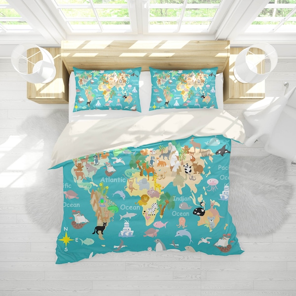 3D World Map Duvet Covers Set, Cartoon Quilt Cover, Animal Bedding Set, Ship Doona Cover, Blue-tones Twin bedding, Kids Bedding Set