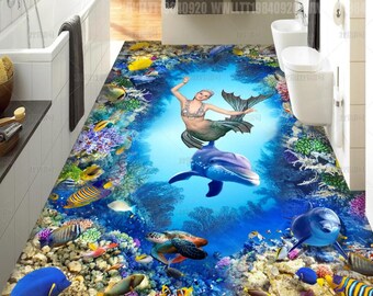 Mural de vinilo autoadhesivo con diseño de sirena y peces en 3D del mundo submarino.