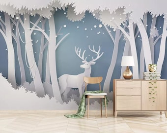 3D Forest Wallpaper, Elk Wall Mural, Snow Wall Decor, Modern Wall Art, Peel and Stick, Removable Wallpaper, Wall Sticker