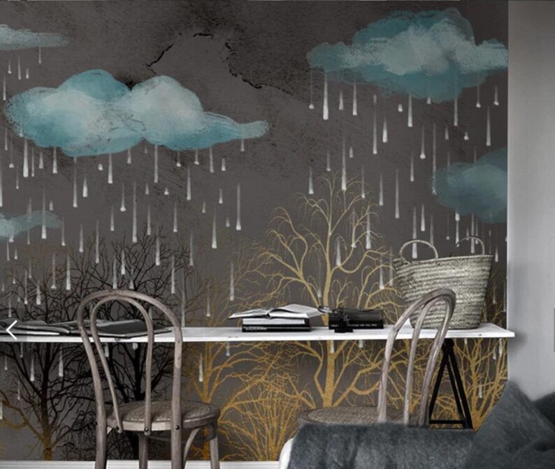 Forest Wall Mural,Vintage art,Peel and Stick Hand-painted Removable Self Adhesive Wallpaper Nostalgic 3D Vintage Rain scene Wallpaper