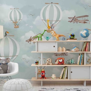 3D Cartoon Hot Air Balloon Airplane Giraffe Monkey Wallpaper Removable Wallpaper-Peel and stick Wall Mural,Playroom Wallpaper Wall deco,r