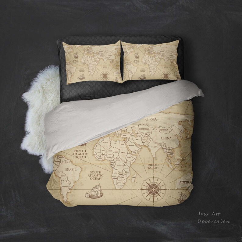 3D World Map Duvet Cover Set, Beige Parchment Bedding - Etsy