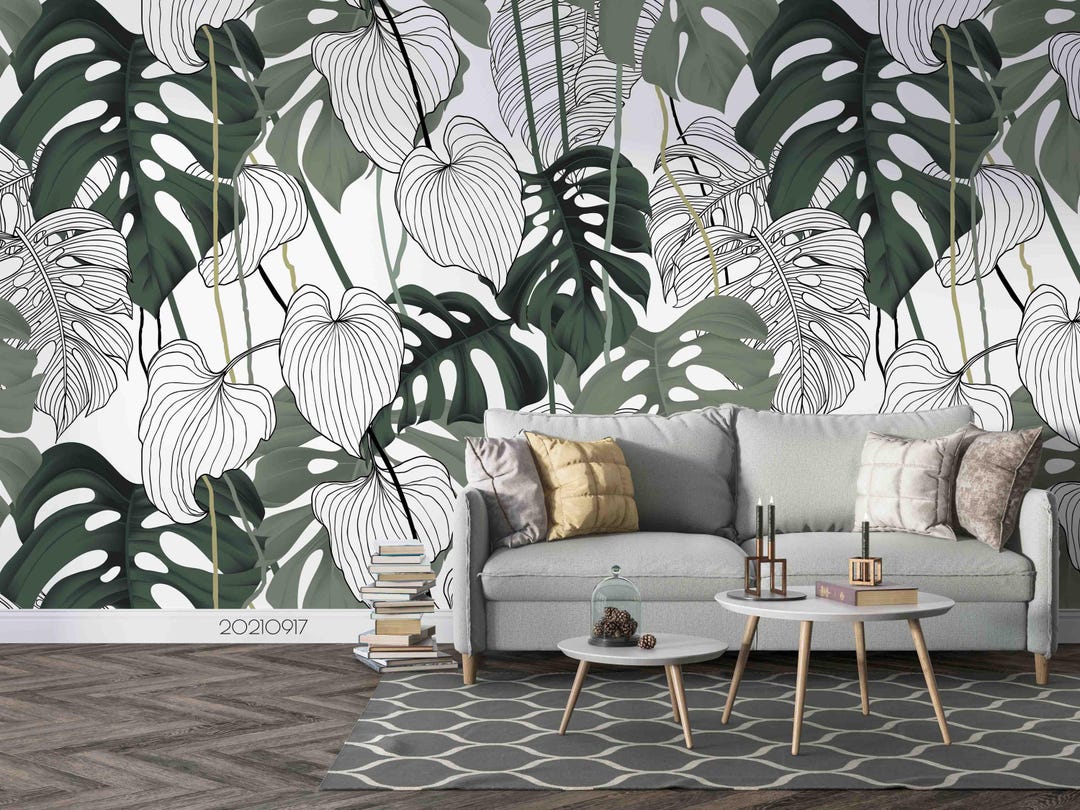 Tropical Leaves Wall Mural – Green Hand Drawn Wallpaper, Peel and Stick ...