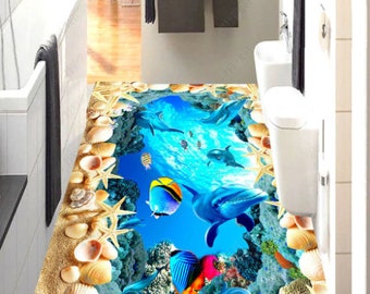 3D Dolphin Fish Beach Conch, Vinyl Floor Mural, Self-adhesive Vinyl, Floor Art, Bathroom Floor, Kitchen Floor, Epoxy Floor, 3D Visually 1