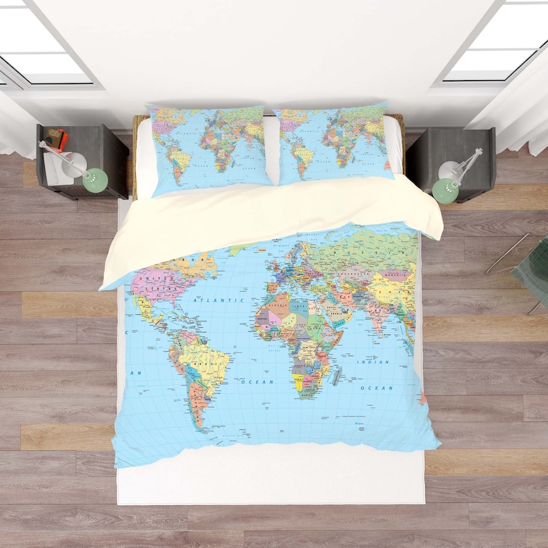 3D World Map Duvet Covers Set Detailed Quilt Cover Blue Sea Etsy