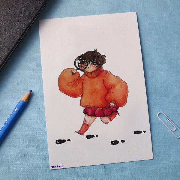 Velma,  Scooby Doo Print, Mystery Machine, Mystery Inc, Fanart, Cartoon, Wall Art Print, Watercolor print, Kawaii, Cute Kawaii Art