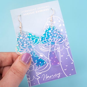 Acrylic Iridescent Mushroom Earrings Handmade laser cut Kawaii Earrings- Unique Alternative Statement Earrings Jewelry