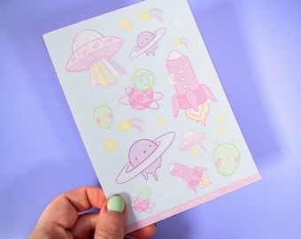 Pastel UFO Space Craft Planner Stickers - Alien Planner Stickers - Kawaii Outer Space Stickers - Cute Pastel Stationary Sticker Sheet
