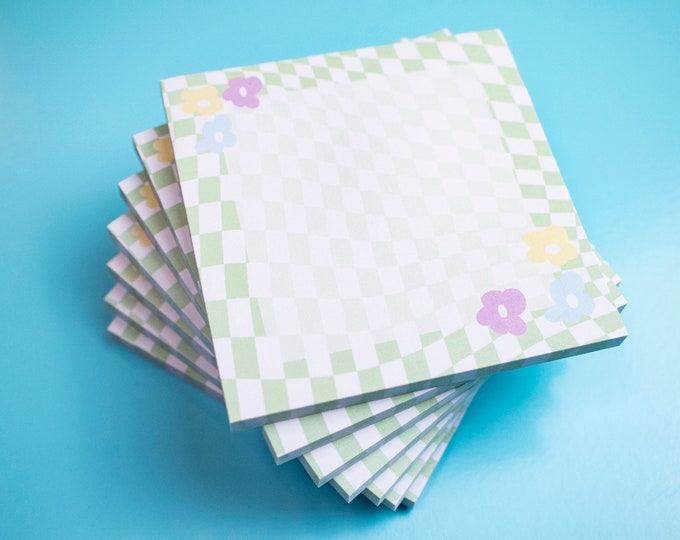 90s Flower Power Wavy Checkered Pattern Sticky Notes, Curse Words Desk Memopad, Pastel Kawaii Stationary, Cute Stationary Memopads
