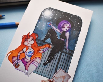 Starfire- Raven - Teen Titans - Kawaii Art Print - Kawaii art - Kawaii Print - Kawaii Girl - Comic art