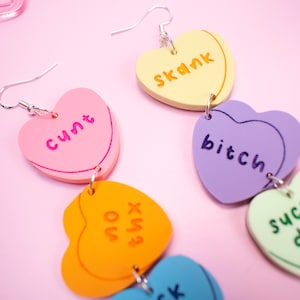 Alternative Conversation Heart Statement Earrings - Valentines Day Sweetheart Candy Earrings - Cute Jewelry - Acrylic Candy Heart Earrings