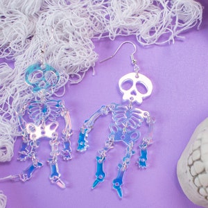 Acrylic Iridescent Spooky Dancing Skeleton Earrings Handmade laser cut Kawaii Earrings- Unique Alternative Dangle Statement Earrings Jewelry