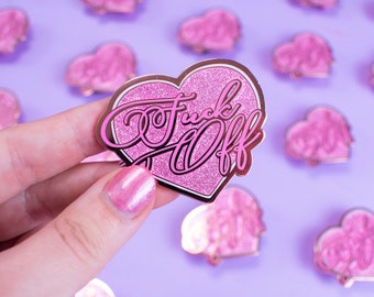 Glitterroze fuck-off harde emaille pin, schattige kawaii-badge met vloekwoorden