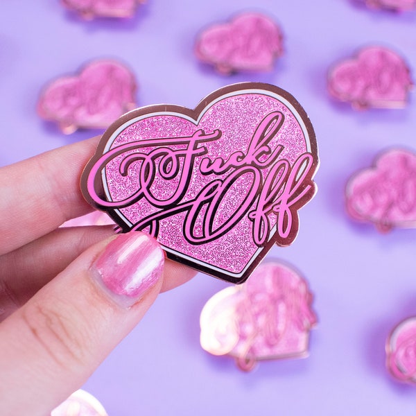 Glittery Pink Fuck Off Hard Enamel Pin, Cute Kawaii Curse Words Badge