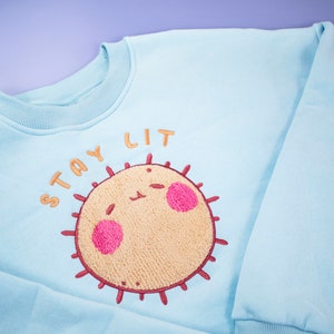 Oversized Fleece Sunny Fashion Blue Sweater, Cute Unique Kawaii Comfy Unisex Pullover Sweatshirt, Chenille Embroidery Pastel Clothing