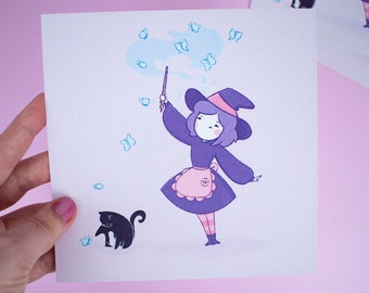 Cute Kawaii Witch Pastel Art Print, Witchy Wall Art Print, Adorable Witchy Casting spell and Cute Cat