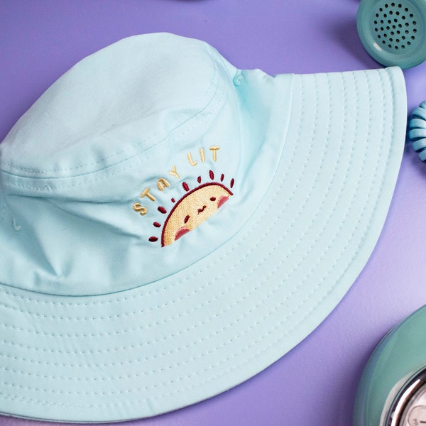 Cute Pastel Stay Lit Sunny Bucket Hat, Cute Alternative Kawaii Sun Embroidered Bucket Hat, 90s Fashion Hat